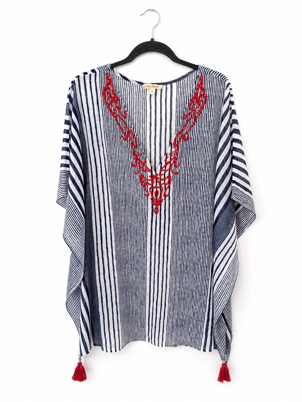 Rise & Bloom Striped Embroidered Swim Cover Up Tunic L Resort Boho